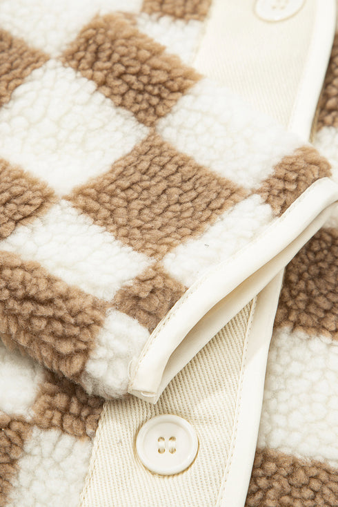 Checkered Sherpa Fleece Button Front Collarless Oversized Jacket